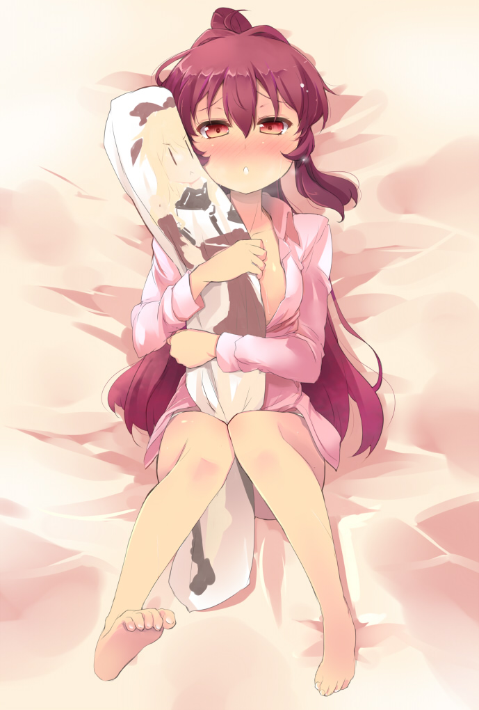 1girl, :<, barefoot, bed_sheet, blush, breath, dakimakura, dakimakura_(object)