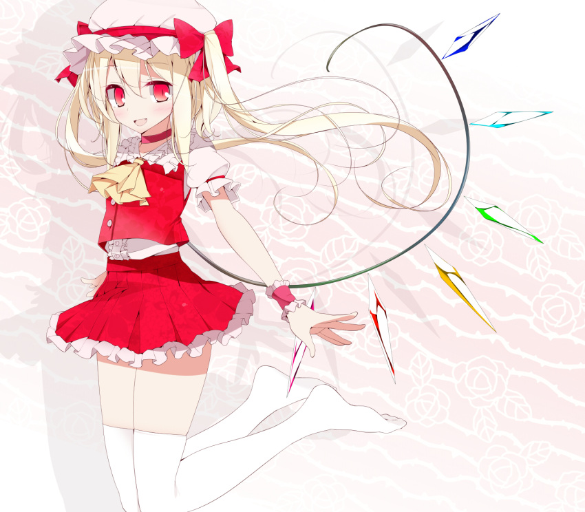 blonde_hair, choker, flandre_scarlet, hat, hat_ribbon, highres, looking_at_viewer, red_eyes
