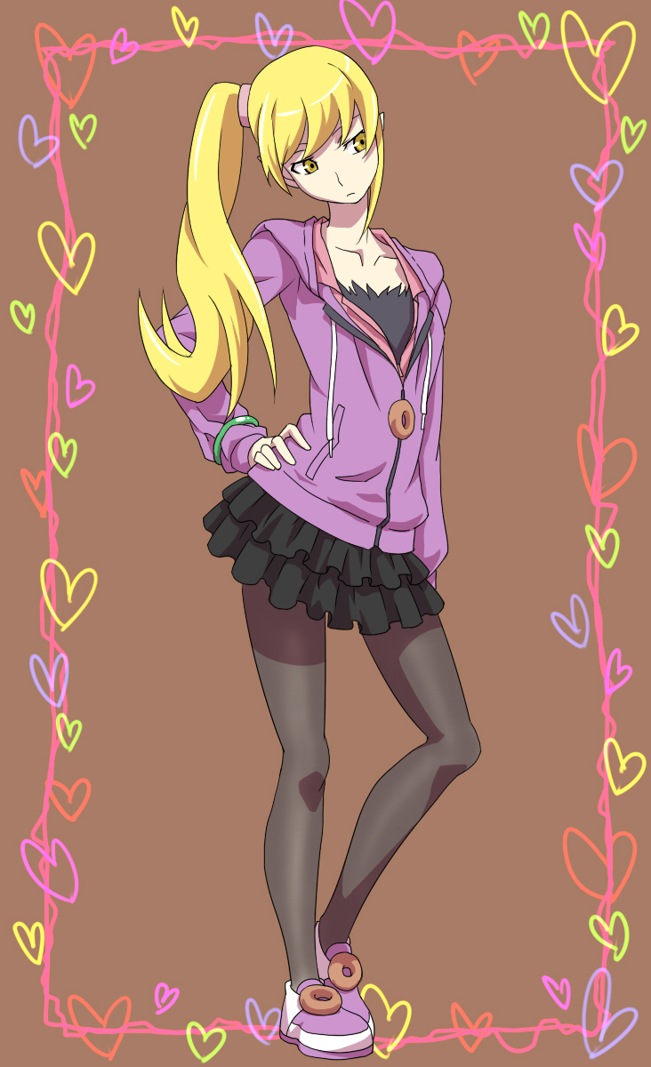 blonde_hair, frilled_skirt, hand_on_hip, head_tilt, heart, highres, hoodie, kissshot_acerolaorion_heartunderblade
