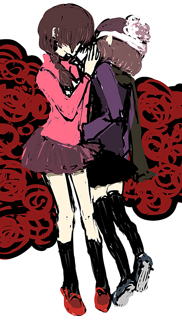 braid, brown_hair, hand_on_another's_face, hand_on_another's_face, hat, kneehighs, madotsuki, mafurako
