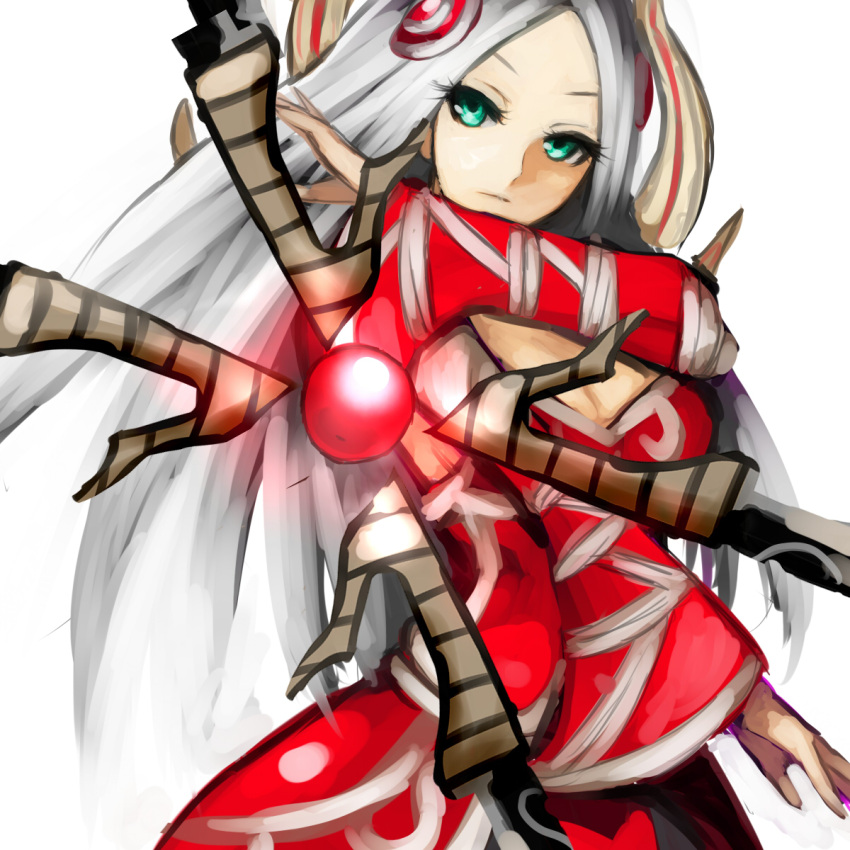 aleron, armor, blade, breasts, cleavage, glowing, green_eyes, hair_ornament