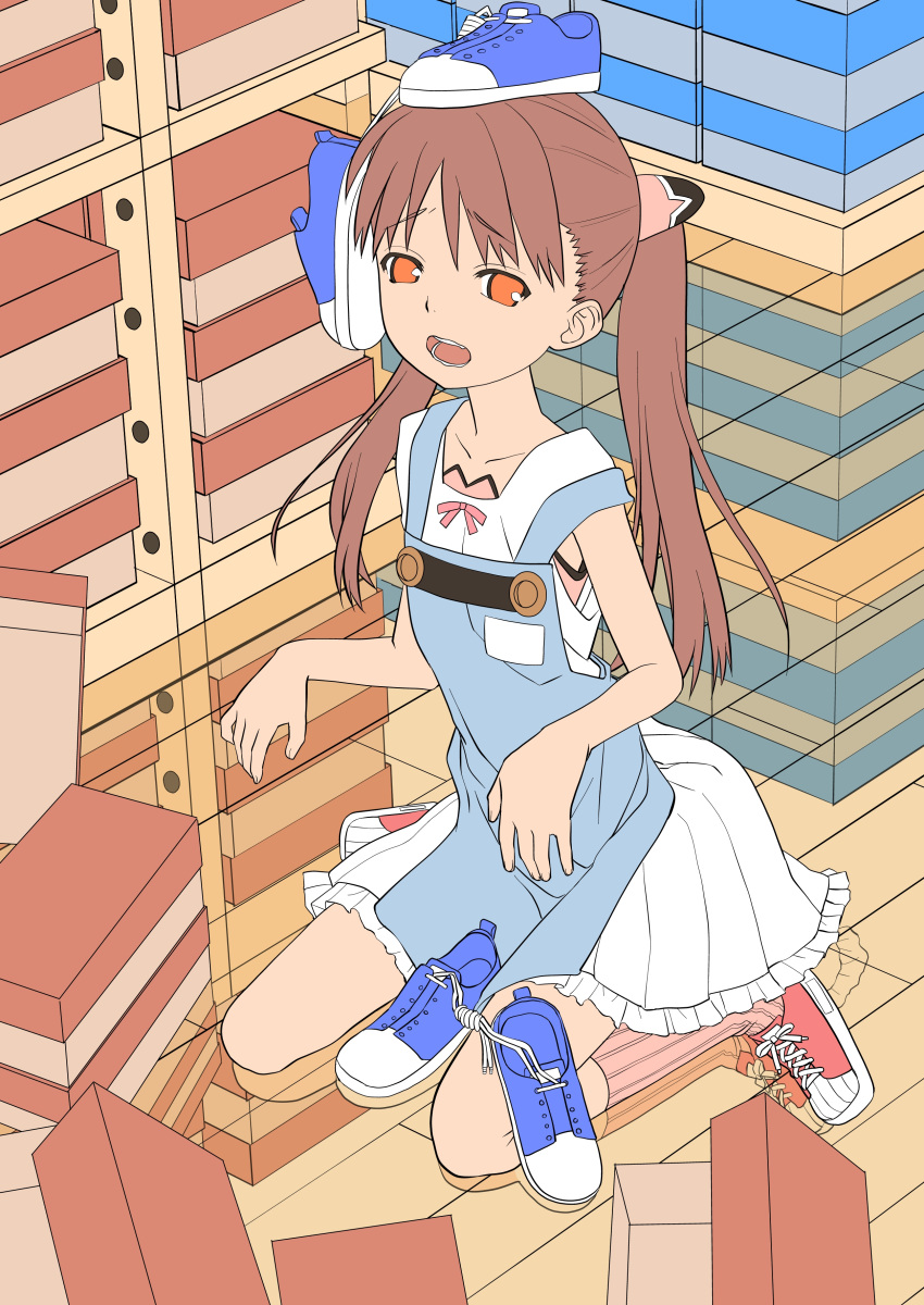 absurdres, apron, brown_eyes, brown_hair, dress, flat_color, highres, long_hair