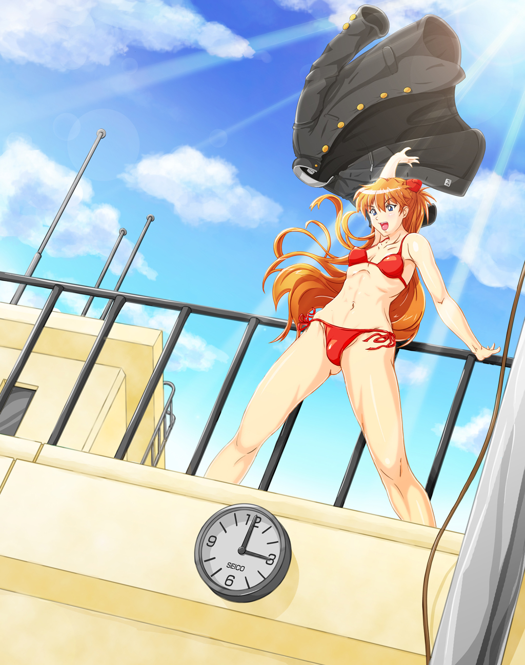 1girl, bikini, blue_eyes, clock, gakuran, hakama, highres, japanese_clothes