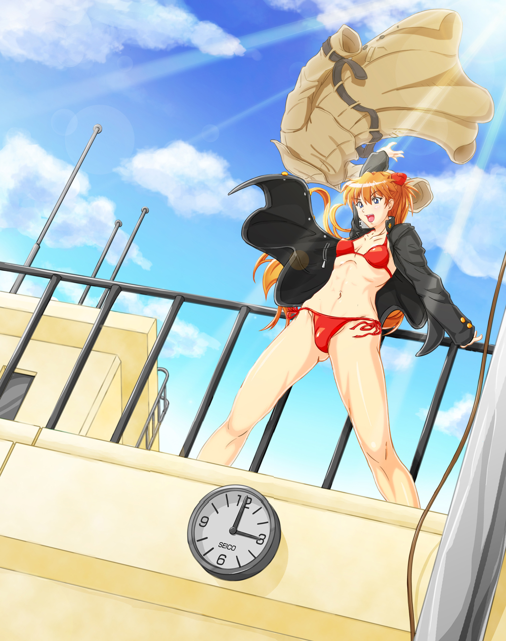 1girl, bikini, blue_eyes, clock, gakuran, hakama, highres, jacket
