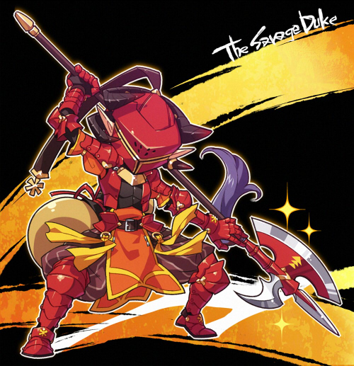 armor, axe, berith_(mygrimoire), boots, gloves, halberd, helmet, horns, kyousaku, male, mygrimoire, original, pants, pointy_ears, polearm, solo, tabard, weapon