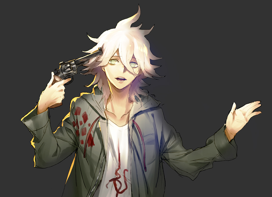 dangan-ronpa, dangan-ronpa_2, dangan_ronpa, gun, gun_to_head, hoodie, kitsunen_(kitune_n), komaeda_nagito