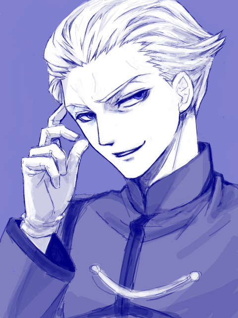 1boy, blue, fate/zero, fate_(series), gloves, hair_slicked_back, kayneth_archibald_el-melloi, monochrome
