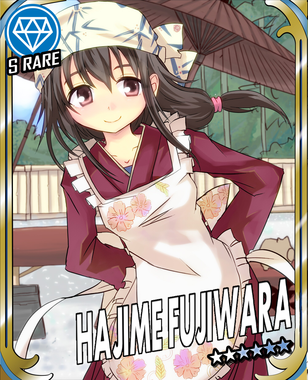 apron, bandana, bandanna, black_hair, cinderella_girls_card_parody, diamond, fujiwara_hajime, highres