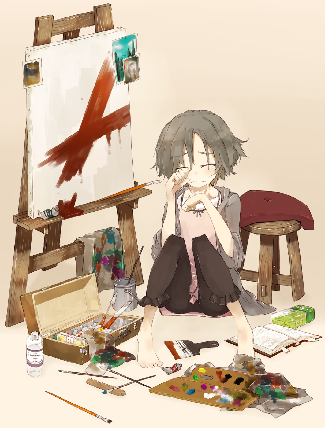 barefoot, book, canvas_(object), ccru, closed_eyes, grey_hair, highres, oekaki_musume