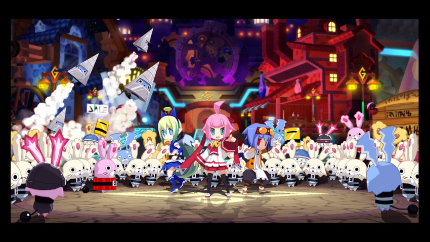 2girls, ahoge, altis, asymmetrical_wings, attouteki_yuugi_mugen_souls, black_legwear, blue_eyes, blue_hair
