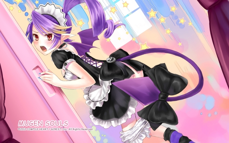 2012, alys_levantine, ares_revantein, attouteki_yuugi_mugen_souls, blonde_hair, bloomers, butt_crack, demon_tail, demon_wings, long_hair, looking_back, maid, maid_headdress, mole, multicolored_hair, open_mouth, pointy_ears, ponytail, purple_hair, red_eyes, solo, surprised, tail, title_drop, two-tone_hair, wings