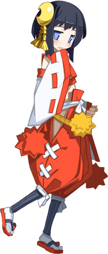attouteki_yuugi_mugen_souls, black_hair, blue_eyes, blush, crescent, hair_ornament, hairpin, harada_takehito, izayoi_tsukika, japanese_clothes, miko, official_art, pom_pom_(clothes), sandals, short_hair, shy, solo, white_background