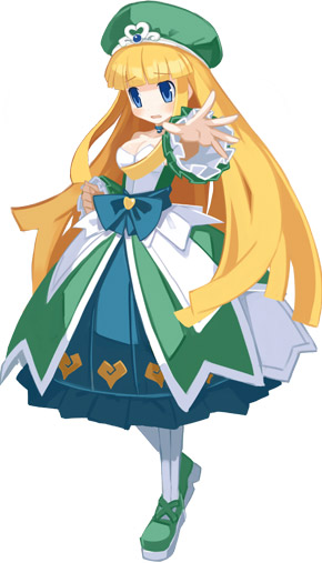 attouteki_yuugi_mugen_souls, bare_shoulders, blonde_hair, blue_eyes, bow, breasts, choker, cleavage, dress, gloves, harada_takehito, hat, long_hair, official_art, outstretched_hand, pantyhose, ribbon, sandy_sunshine, shandy_sunshine, shoes, shy, solo, white_background, white_gloves