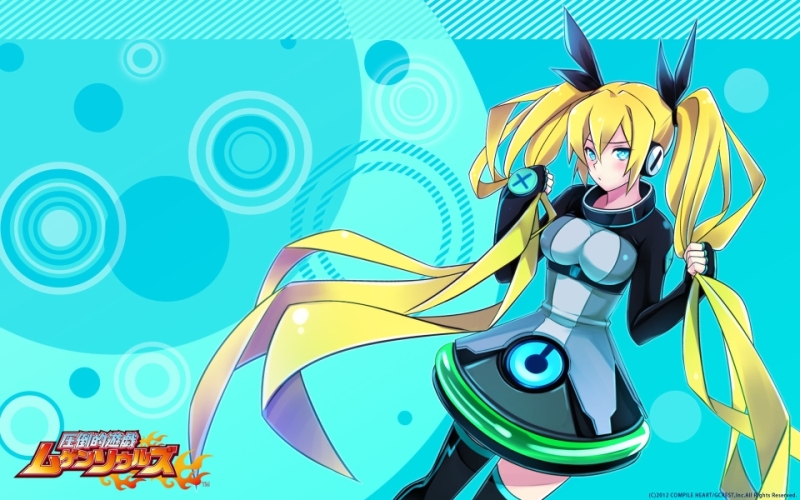 aqua_background, artist_request, attouteki_yuugi_mugen_souls, black_legwear, blonde_hair, blue_eyes, dees_vanguard, expressionless, hair_grab, long_hair, skirt, solo, thigh-highs, thighhighs, title_drop, twintails