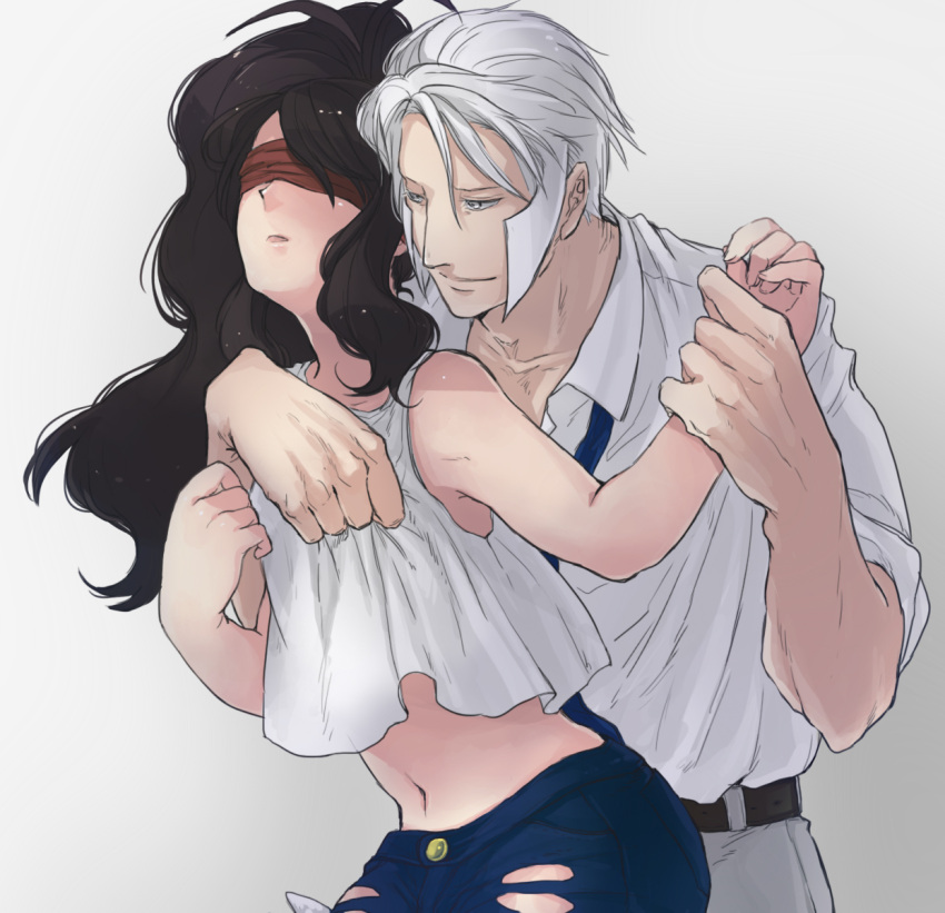 1girl, arm_grab, belt, blindfold, brown_hair, collarbone, couple, denim