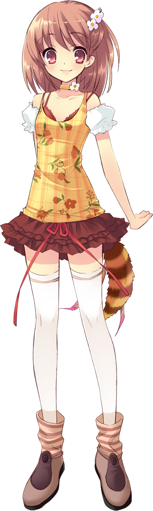 :3, bra, brown_hair, choker, dress, floral_print, flyable_heart, highres