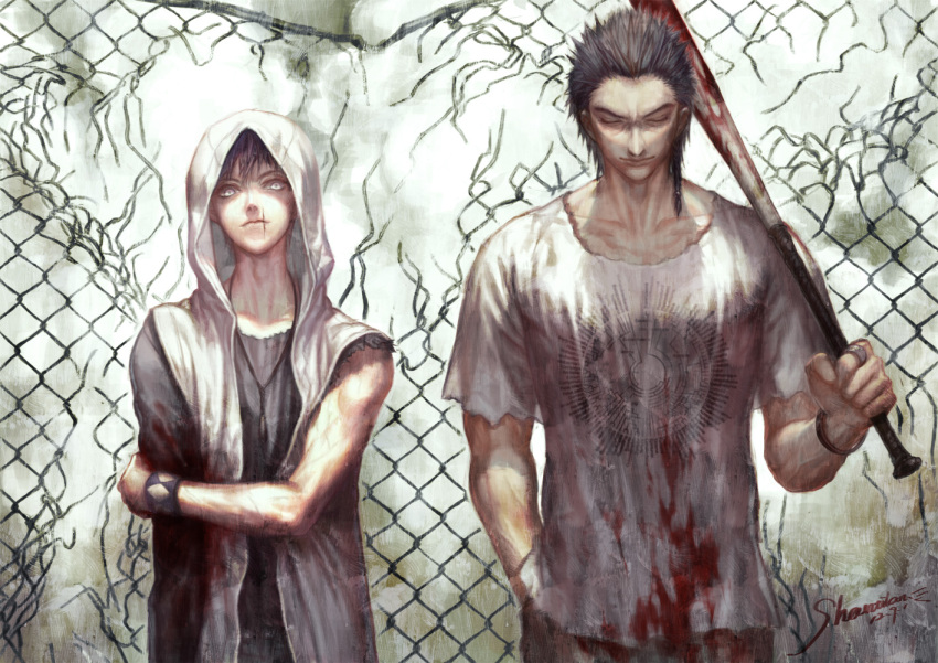 baseball_bat, blood, chainlink_fence, decoration_disorder_disconnection, fence, hoodie, iguruma_kazumi, kirisu_yaichirou, male, multiple_boys, shaliva