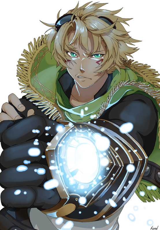 alternate_costume, blonde_hair, capelet, energy, ezreal, facial_mark, gloves, glowing, goggles, goggles_on_head, green_eyes, kisarazu_tetsuya, league_of_legends, male, short_hair, signature