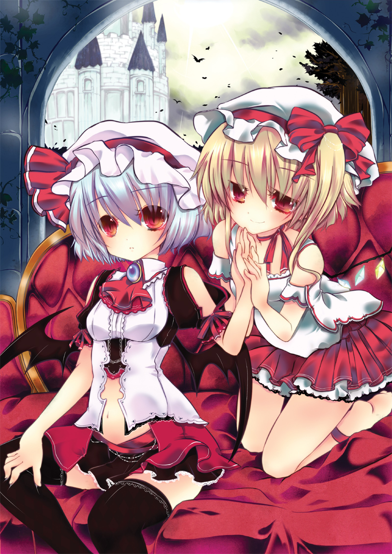 alternate_costume, bat, bat_wings, black_legwear, blonde_hair, blue_hair, castle, couch