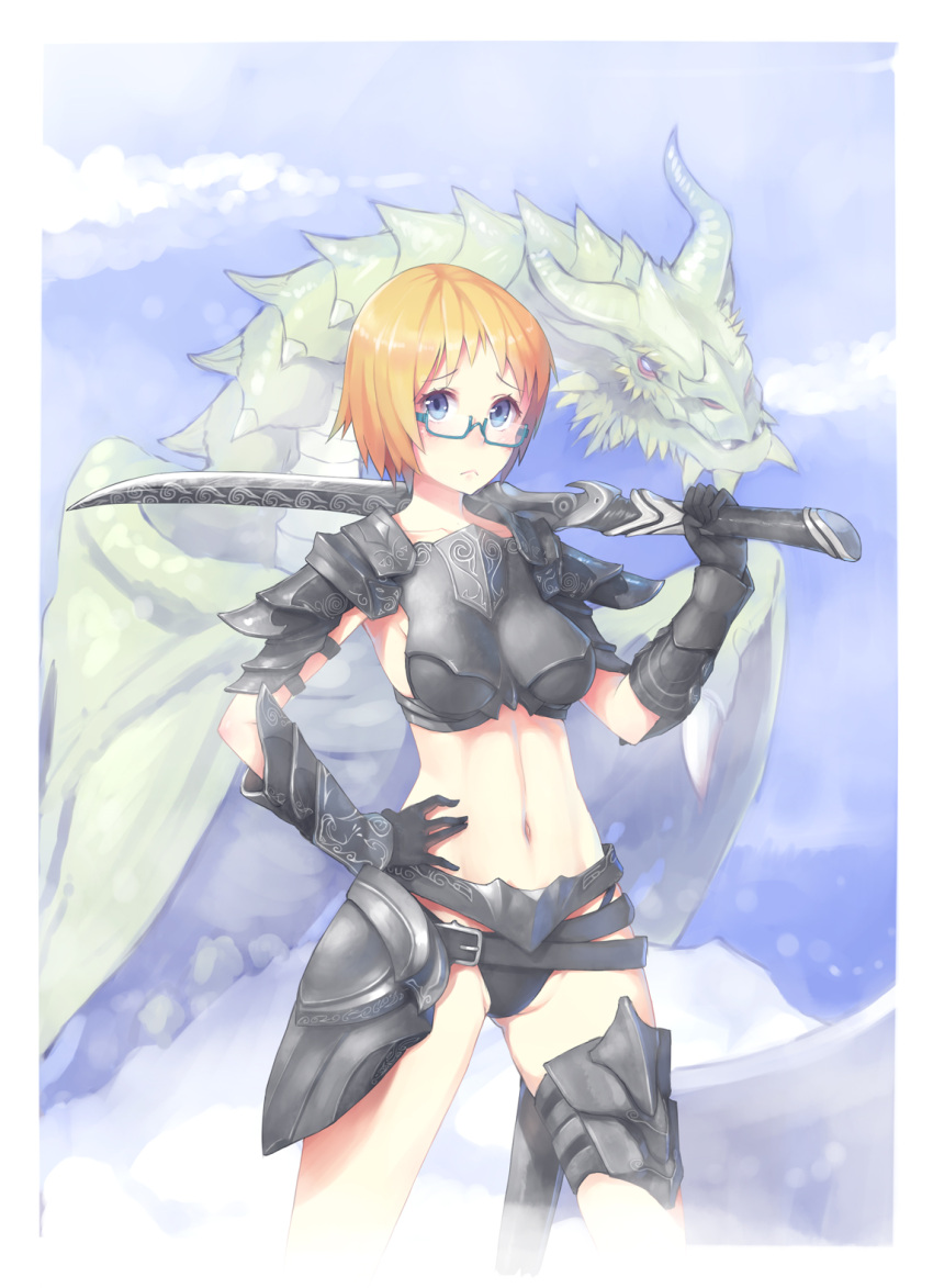 black_panties, blonde_hair, blue_eyes, breastplate, breasts, dovahkiin, dragon, efmoe