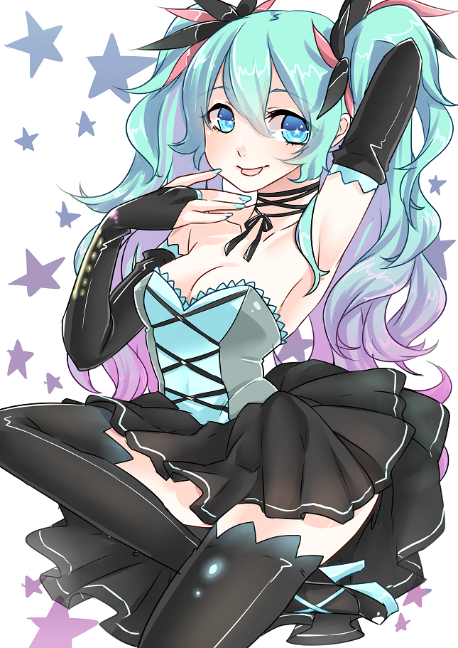 aqua_eyes, aqua_hair, armpits, breasts, bridal_gauntlets, cleavage, hatsune_miku, hiyosuke_(ak_love), long_hair, nail_polish, solo, thigh-highs, thighhighs, tongue, twintails, vocaloid