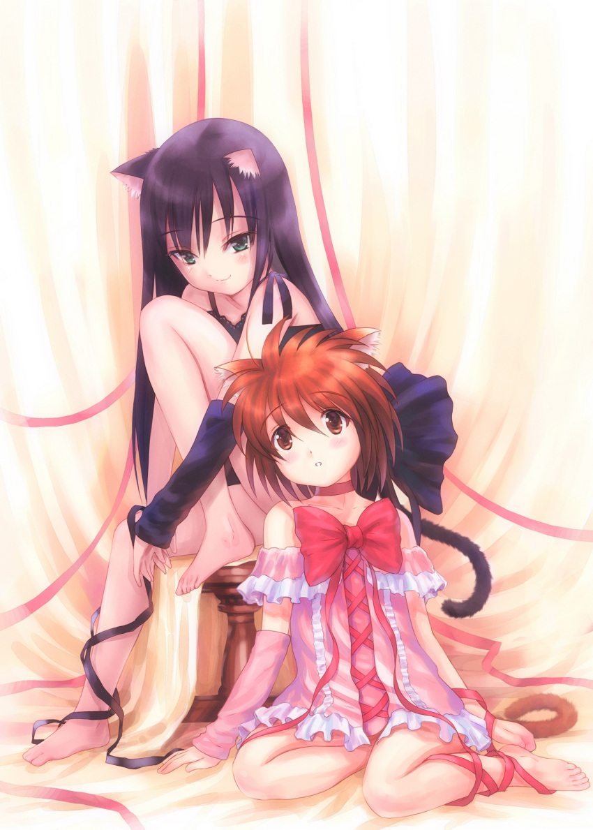 barefeet, blush, highres, long_hair, nekomimi, short_hair, tail