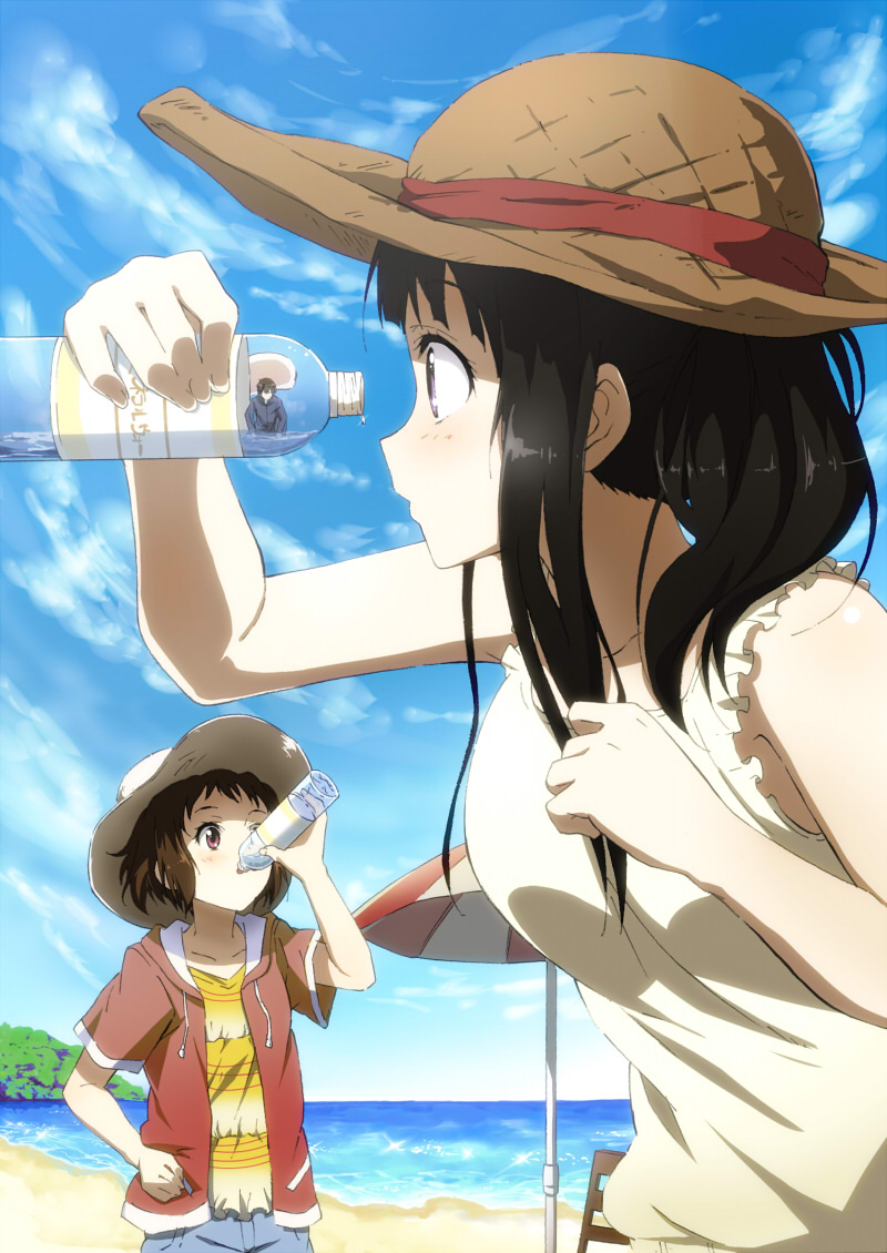 2girls, beach, black_hair, bottle, brown_hair, chitanda_eru, delf, drinking