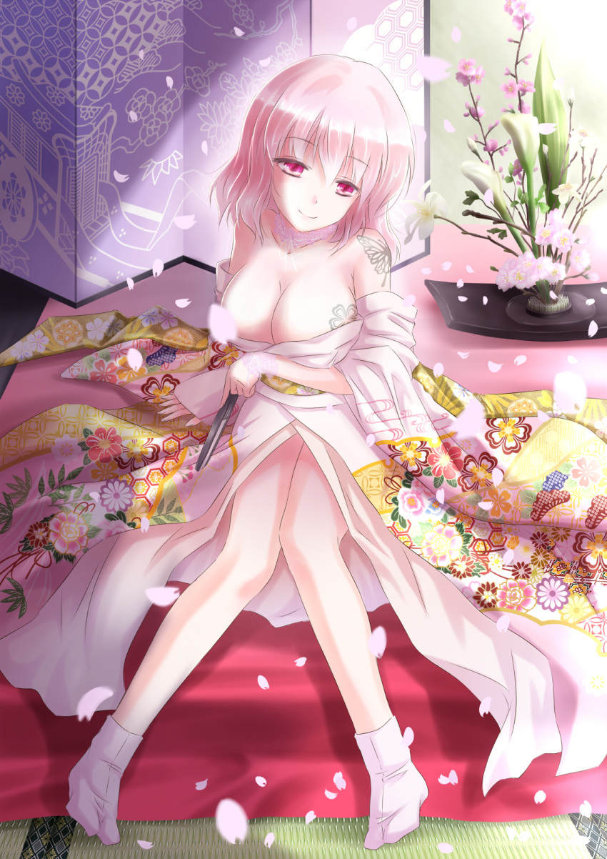 alternate_costume, breasts, butterfly, cleavage, fan, floral_print, flower, folding_screen, goshoguruma, hadi, highres, ikebana, japanese_clothes, kimono, large_breasts, legs, petals, pink_eyes, pink_hair, saigyouji_yuyuko, saigyouji_yuyuko's_fan_design, saigyouji_yuyuko's_fan_design, sash, shippou_(pattern), short_hair, sitting, smile, solo, tatami, tattoo, touhou, yukata