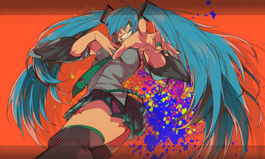 aqua_hair, detached_sleeves, foreshortening, green_eyes, grin, hatsune_miku, headset, long_hair