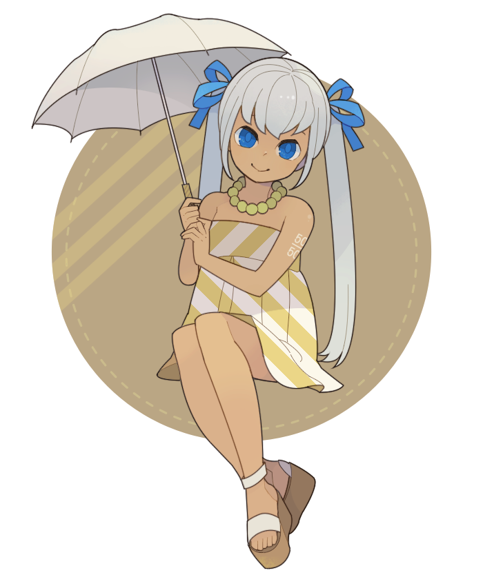 alternate_hair_color, bad_id, blue_eyes, bow, hair_bow, hatsune_miku, long_hair, looking_at_viewer, machida_natsume, sandals, silver_hair, smile, solo, tan, twintails, umbrella, very_long_hair, vocaloid
