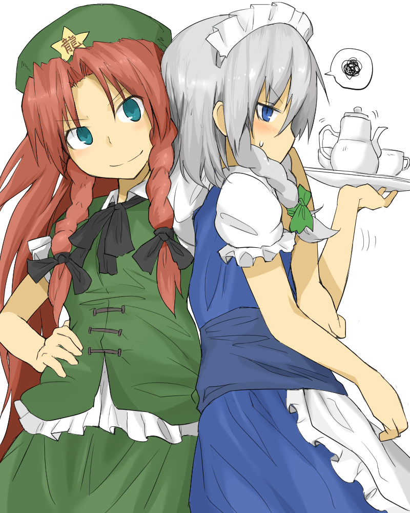 aqua_eyes, blue_eyes, braid, brown_hair, hand_on_hip, hat, holding, hong_meiling
