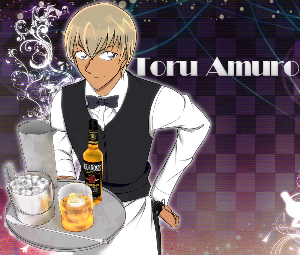 ai-da-melody, alcohol, bad_id, blue_eyes, brown_hair, checkered, checkered_background, detective_conan, formal, glass, ice, male, meitantei_conan, necktie, object_namesake, purple_background, smile, solo, spoilers, suit, tooru_amuro, tray