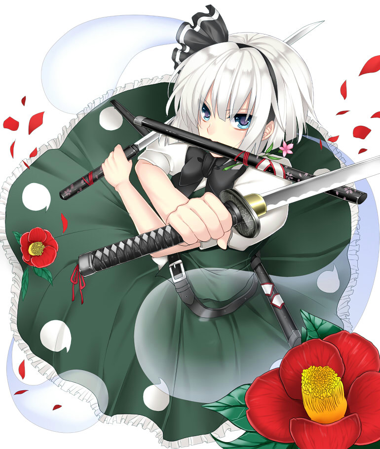 blue_eyes, dual_wielding, flower, hairband, hitodama, holding, katana, konpaku_youmu