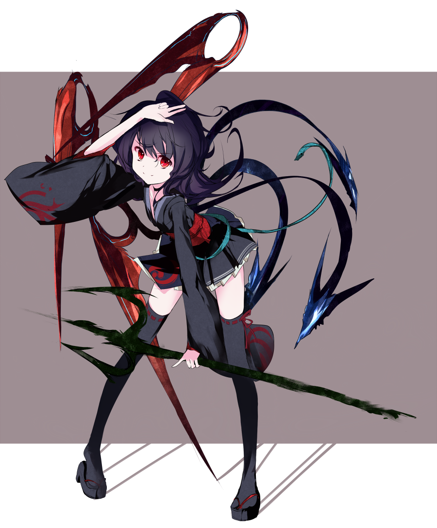 alternate_costume, arm_up, asymmetrical_wings, bent_over, black_dress, black_hair, black_legwear, dress