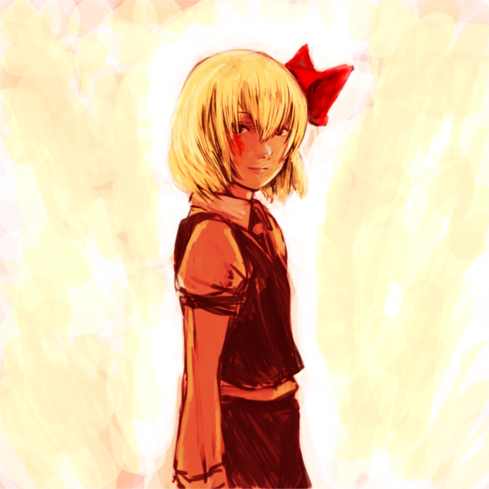 blonde_hair, hair_between_eyes, hair_ribbon, light_smile, looking_at_viewer, ribbon, rough, rumia