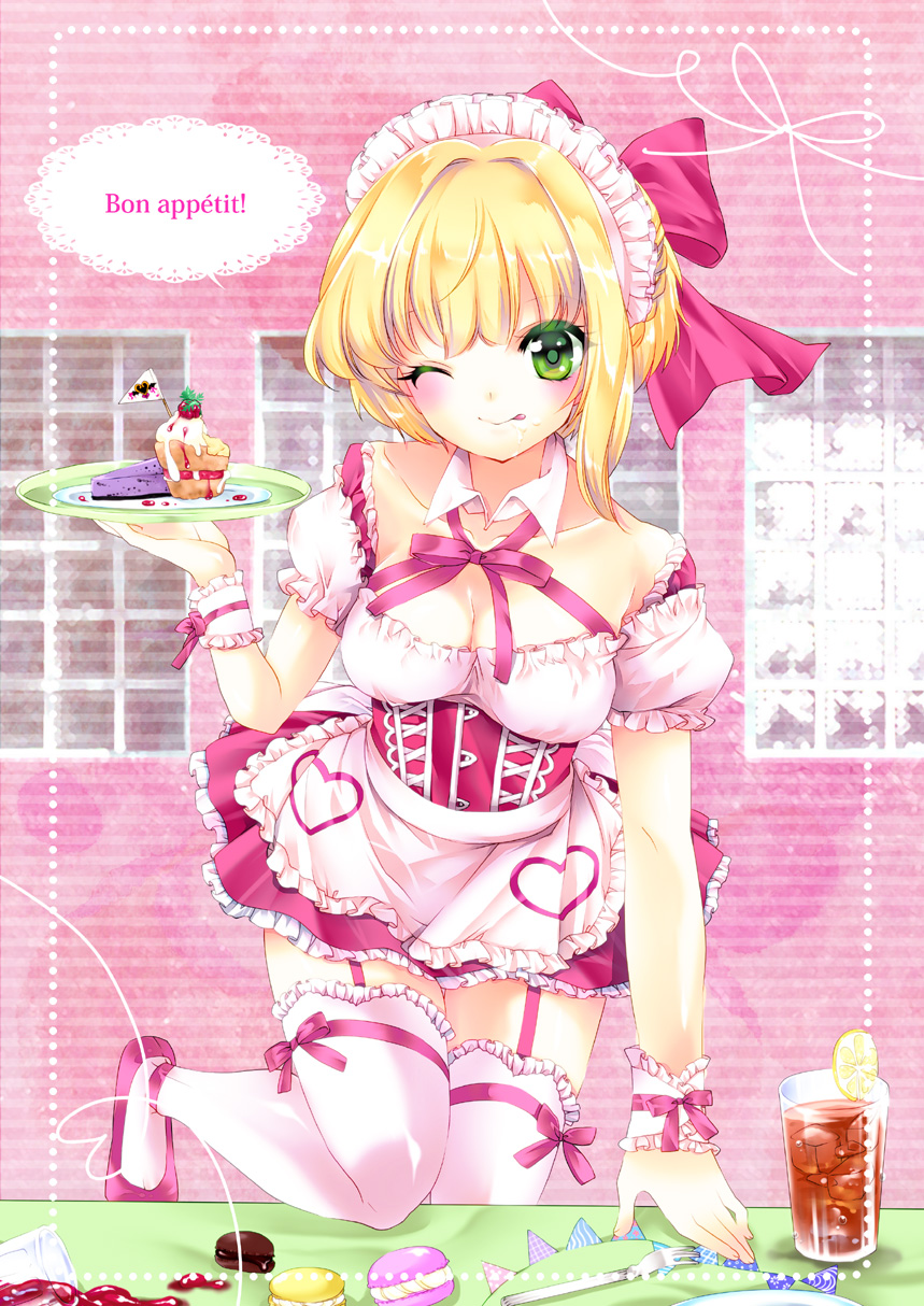 blonde_hair, bow, breasts, cleavage, garter_belt, green_eyes, hair_bow, headdress, highres, idolmaster, idolmaster_cinderella_girls, ishitsuki_merokoa, maid, miyamoto_frederica, thigh-highs, thighhighs