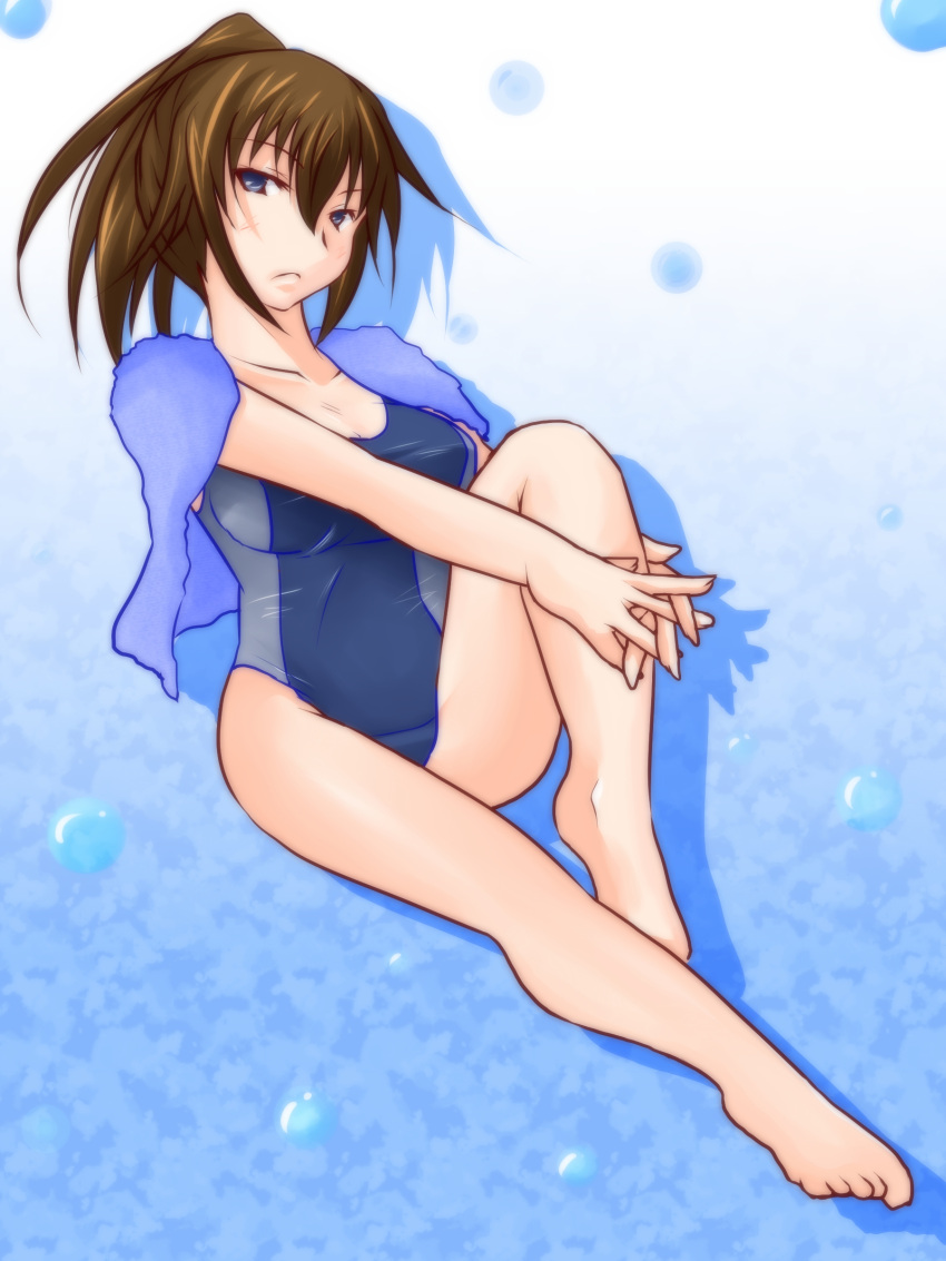 1girl, absurdres, bikini, blue_eyes, brown_hair, competition_swimsuit, highres, kikaijima_mogana, long_hair, marianne_hanako, medaka_box, one-piece_swimsuit, ponytail, swimsuit, towel_on_shoulders