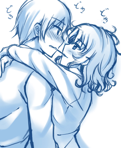 1girl, amagami, blush, couple, dress_shirt, eye_contact, looking_at_another, monochrome