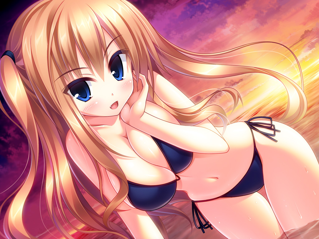 bikini, black_bikini, blue_eyes, breasts, brown_hair, cleavage, cloud, clouds, dutch_angle, fang, feet_in_water, hatsu, leaning_forward, long_hair, navel, original, side-tie_bikini, sky, soaking_feet, solo, standing_in_water, sunset, swimsuit, twilight, twintails, two_side_up, wading, water, wet