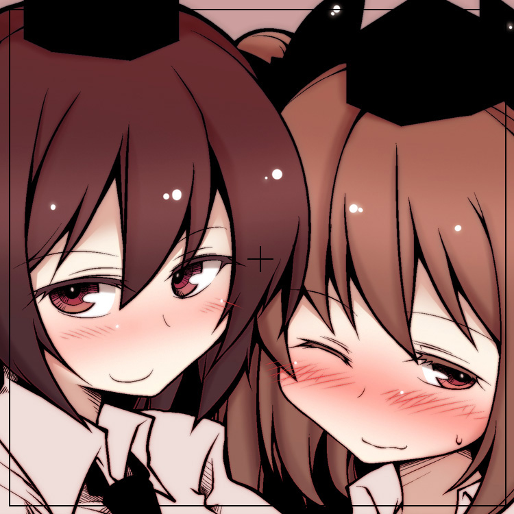 blush, brown_hair, face, gyo, hat, himekaidou_hatate, multiple_girls, red_eyes