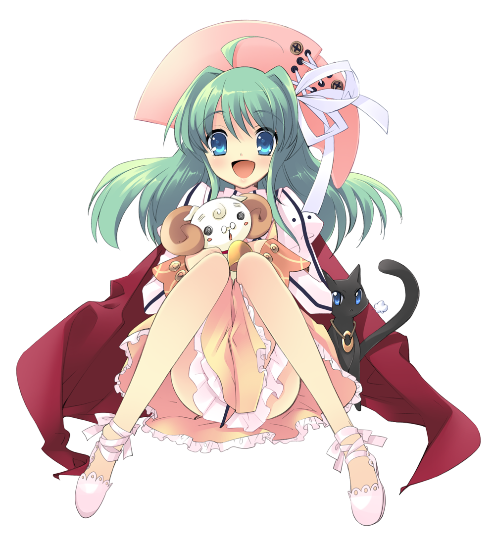 :d, ahoge, aqua_eyes, blush_stickers, cat, croix, dress, glasses