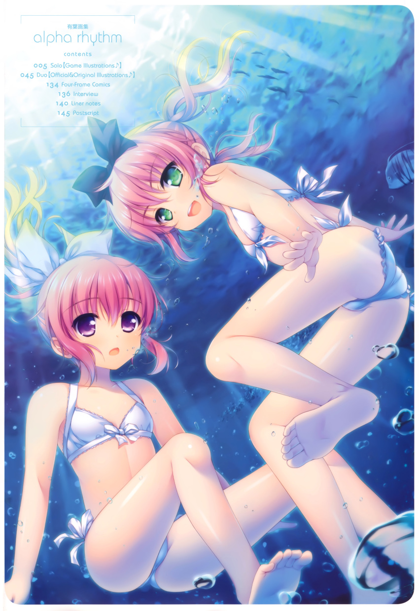 :d, :o, absurdres, alpha_(artist), barefoot, bikini, bubble, feet, fish, freediving, front-tie_top, green_eyes, highres, looking_at_viewer, multiple_girls, open_mouth, original, pink_hair, ponytail, purple_eyes, scan, side-tie_bikini, smile, soles, submerged, swimming, swimsuit, table_of_contents, toes, underwater, violet_eyes, water, white_bikini