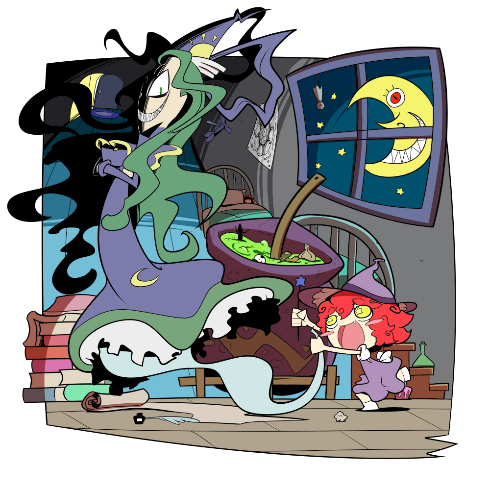 bed, book, capelet, cauldron, character_doll, crescent_moon, doll, dress