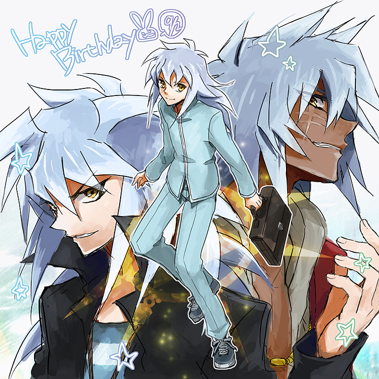 bakura_ryou, birthday, briefcase, brown_eyes, grin, happy_birthday, looking_at_viewer, male, millennium_ring, multiple_boys, multiple_persona, scar, seina-n, sewenan, shoes, silver_hair, smile, star, tan, thief_king_bakura, yami_bakura, yu-gi-oh!, yuu-gi-ou, yuu-gi-ou_duel_monsters