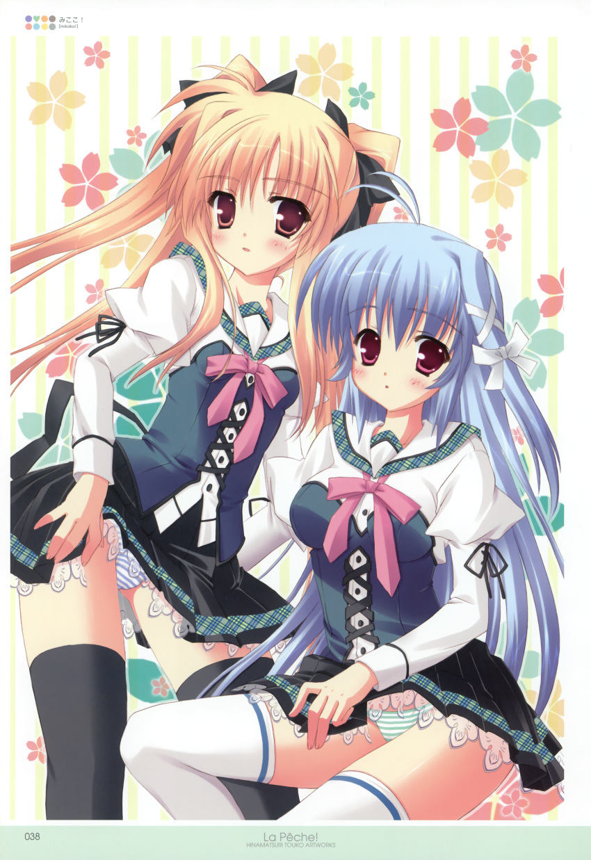 absurdres, aoi_kokona, black_legwear, blonde_hair, blue_hair, blue_panties, blue_striped_panties, bow