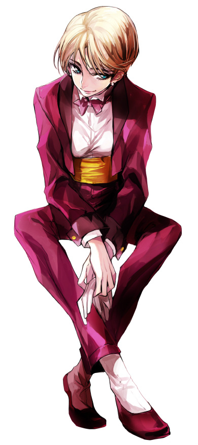 blonde_hair, blue_eyes, bow, king_(snk), king_of_fighters, short_hair, simple_background, smile