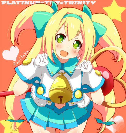 1girl, bell, blazblue, blonde_hair, blush, bow, fujitaka, gloves