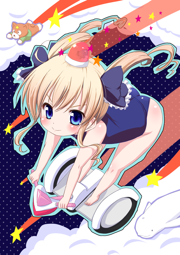 akechi_kokoro, alarm_siren, blonde_hair, blue_eyes, dog, dugong, long_hair, muu_rian