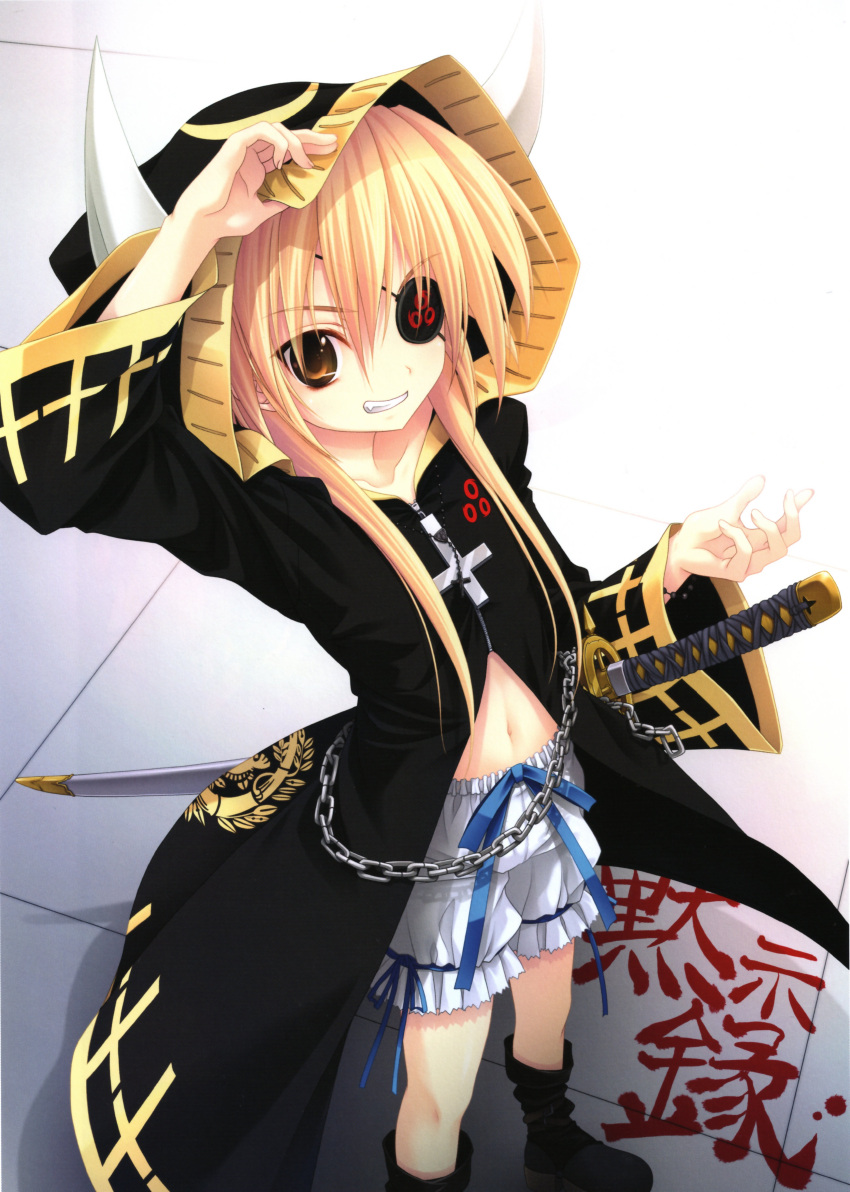 1girl, absurdres, blonde_hair, bloomers, bontenmaru_(oda_nobuna_no_yabou), boots, check_translation, cross, eyepatch, fang, frills, from_above, highres, hood, horns, jewelry, katana, looking_at_viewer, midriff, miyama-zero, navel, necklace, oda_nobuna_no_yabou, official_art, ribbon, smile, solo, sword, translation_request, weapon, yellow_eyes