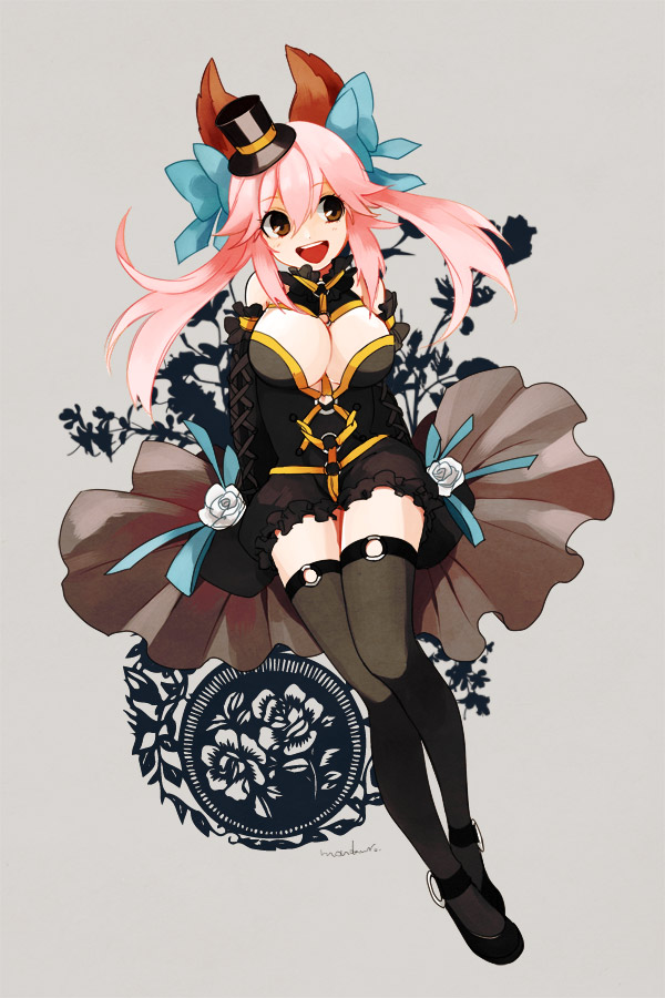 :d, animal_ears, bare_shoulders, black_legwear, bow, breasts, brown_eyes, caster_(fate/extra), cleavage, detached_sleeves, dress, fate/extra, fate/extra_ccc, fate_(series), fox_ears, fox_tail, hair_bow, hair_ribbon, hat, large_breasts, mary_janes, mini_top_hat, open_mouth, pink_hair, polynosic, ribbon, shoes, smile, solo, tail, thigh-highs, thighhighs, top_hat, twintails
